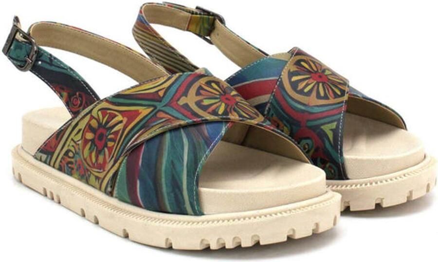 GOBY Dames Sandalen Handgemaakt Vegan Leer Geometrisch Bloemenpatroon