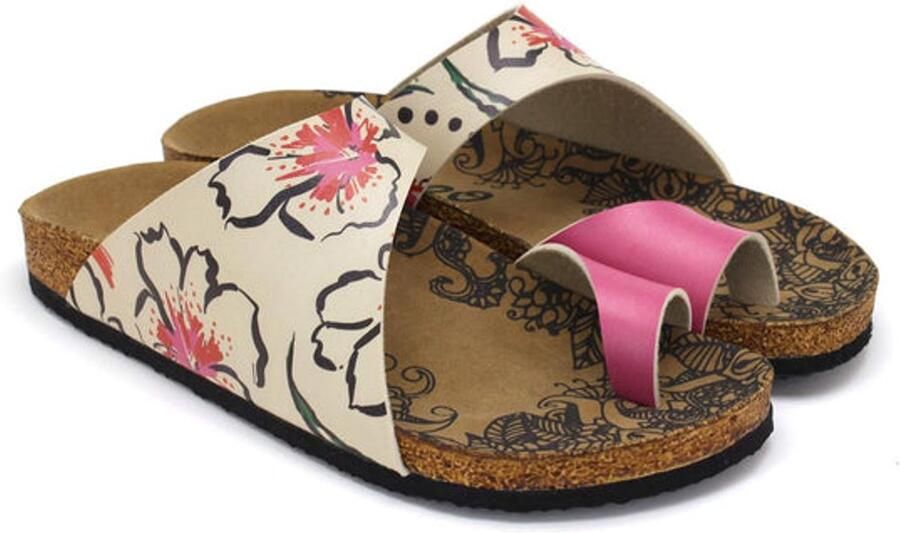GOBY Dames Sandalen Handgemaakt Vegan Leer Roze Bloemen