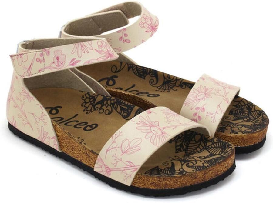 GOBY Dames Sandalen Handgemaakt Vegan Leer Roze Bloemen