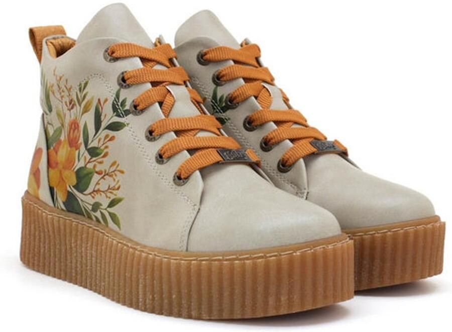 GOBY Dames Sneaker Boots Bloemenprint Beige Handgemaakt Vegan Leer Comfortabele Damesboots