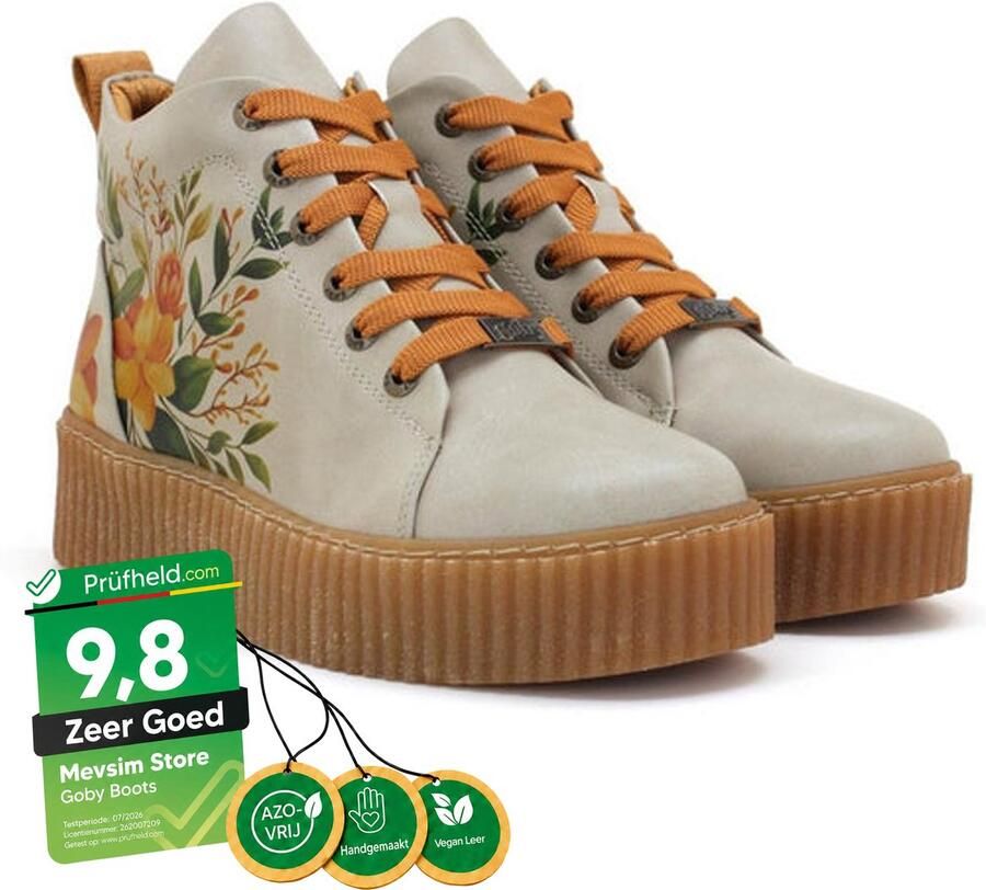 GOBY Dames Sneaker Boots Bloemenprint Beige Handgemaakt Vegan Leer Comfortabele Damesboots