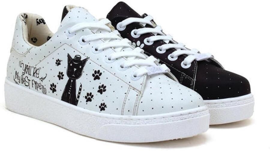 GOBY Dames Sneakers Kat Print Zwart Wit Handgemaakt Vegan Leer Comfortabele Lage Sneakers