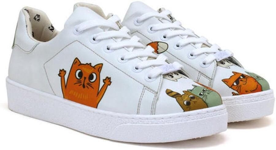 GOBY Dames Sneakers Kattenprint Kleurrijk Handgemaakt Vegan Leer Comfortabele Lage Sneakers