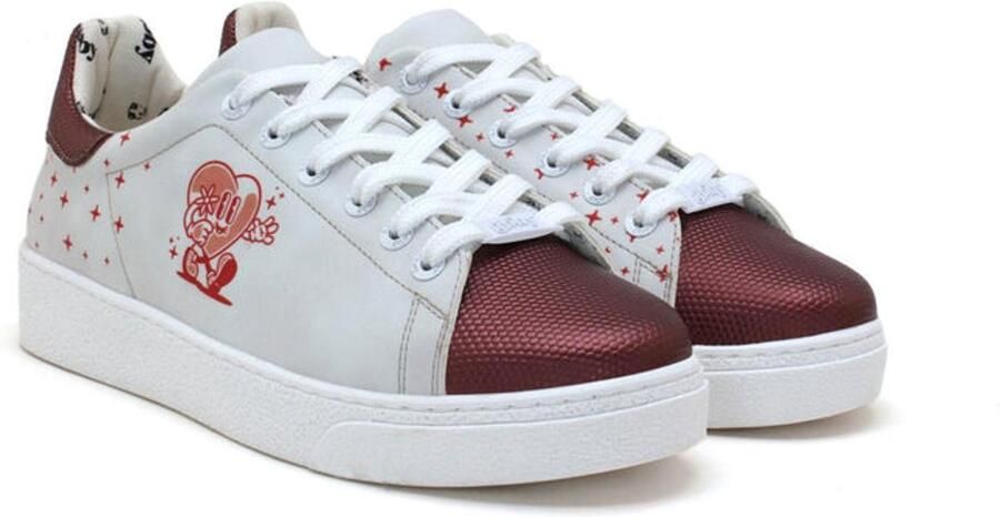 GOBY Dames Sneakers Vegan Leer Hart Design Wit en Bordeaux