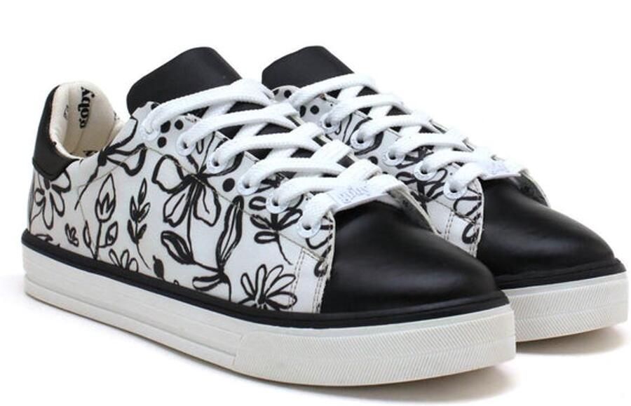 GOBY Dames Sneakers Vegan Leer Zwart Wit Bloemenprint