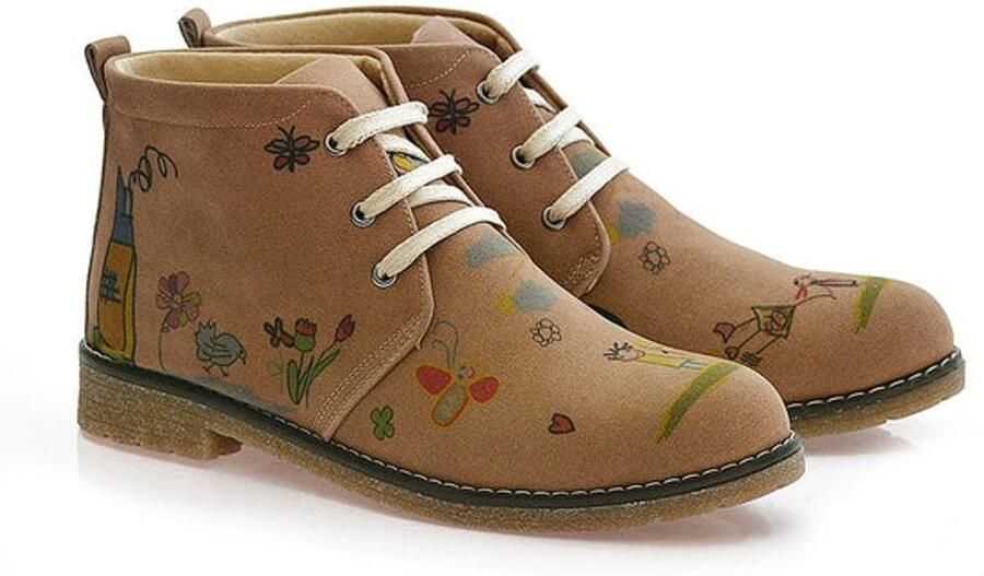 GOBY Dames Veterboots Bloemen Print Handgemaakt Vegan Leer Comfortabele Damesboots