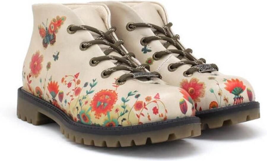 GOBY Dames Veterboots Bloemenprint Beige Handgemaakt Vegan Leer Damesboots
