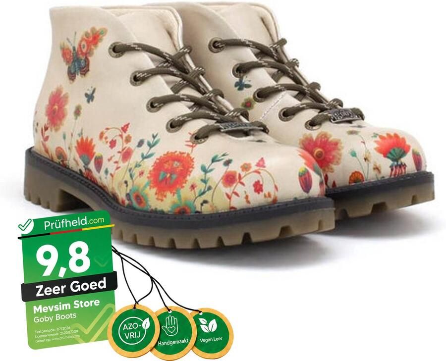 GOBY Dames Veterboots Bloemenprint Beige Handgemaakt Vegan Leer Damesboots