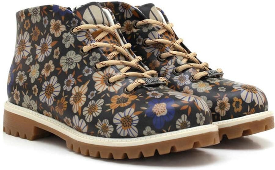 GOBY Dames Veterboots Bloemenprint Robuuste Zool Handgemaakt Premium Kwaliteit