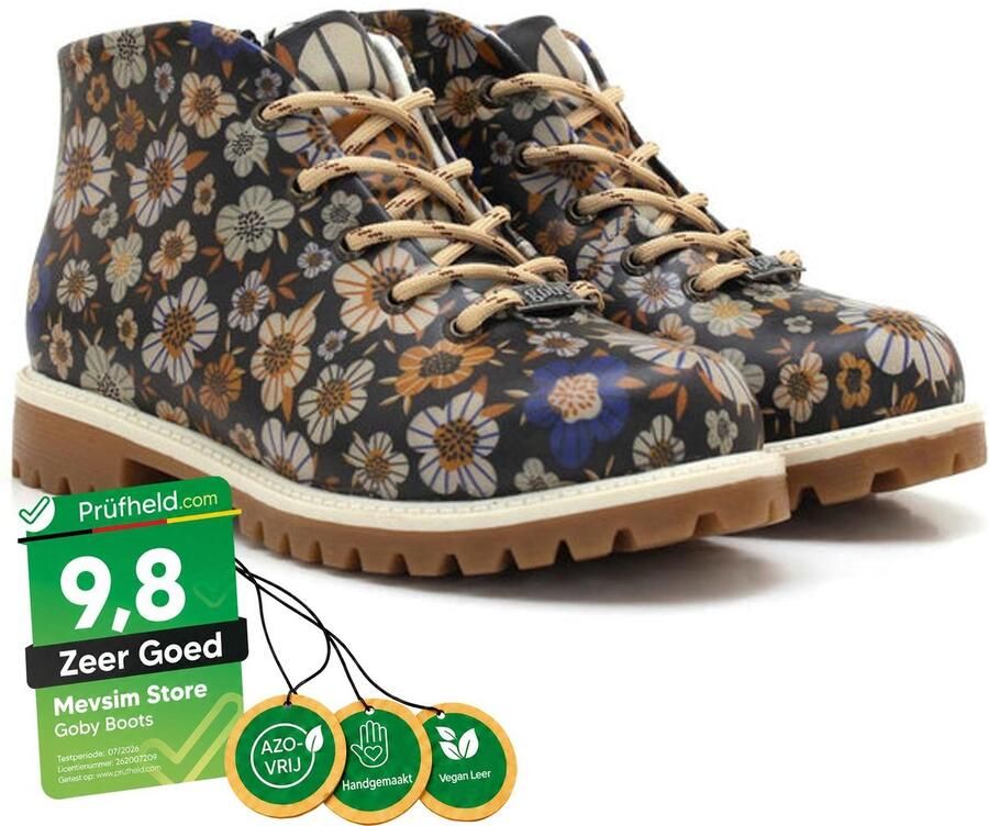 GOBY Dames Ankle Boots Vintage Bloemenprint Vetersluiting Handgemaakt Vegan Leer Comfortabele Damesboots