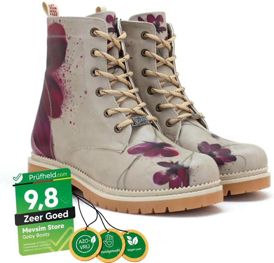 GOBY Dames Veterboots Bloemenspatten Vegan Leer Handgemaakt - Foto 2