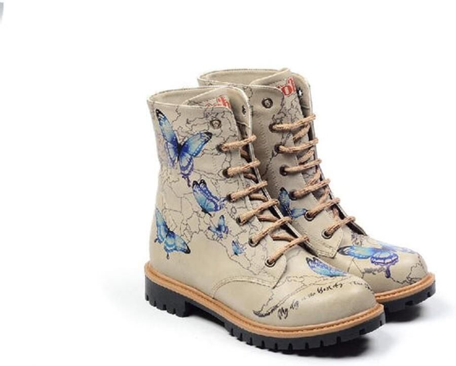 GOBY Dames Veterboots Damesboots Blauwe Vlinderprint Vetersluiting Handgemaakt Vegan Leer