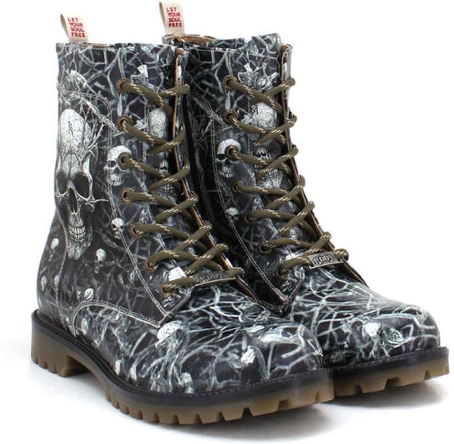 GOBY Dames Veterboots Damesboots Donkere Schedelprint Vetersluiting en Ritssluiting Handgemaakt Vegan Leer