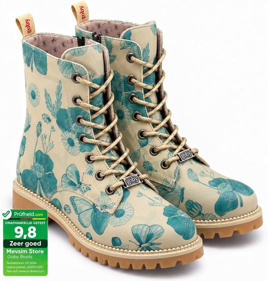 GOBY Dames Veterboots Damesboots –Lichtblauwe Bloemenprint Rits- en Vetersluiting Handgemaakt Vegan Leer