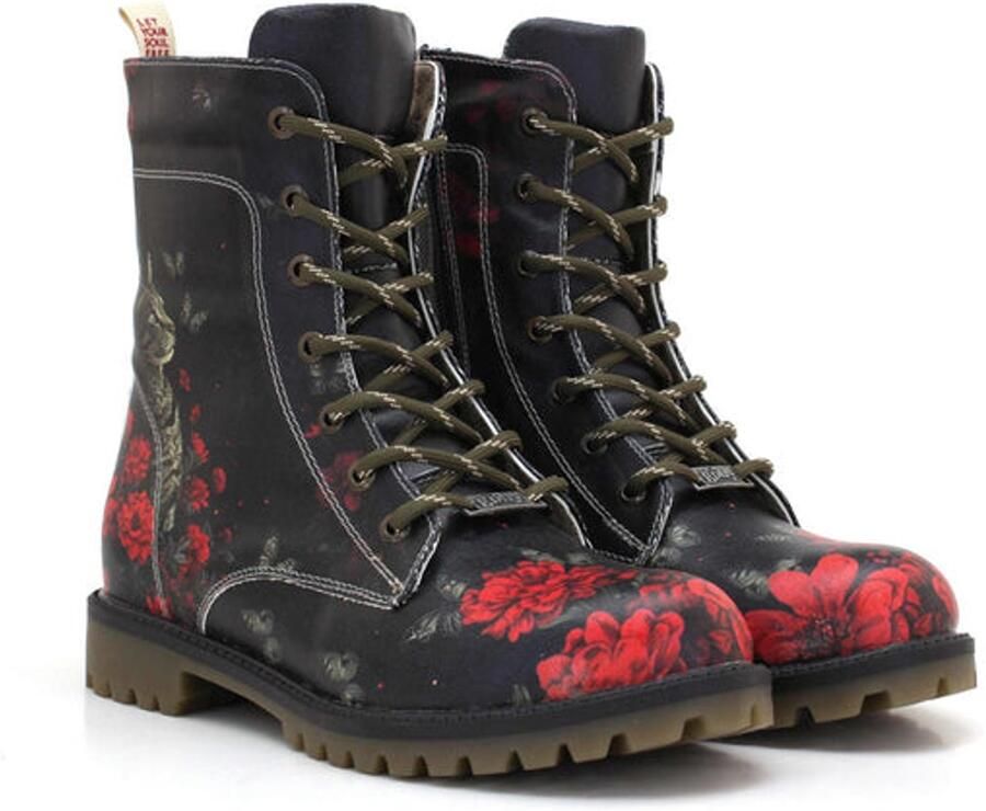 GOBY Dames Veterboots Damesboots Rode Rozenprint Rits- en Vetersluiting Handgemaakt Vegan Leer