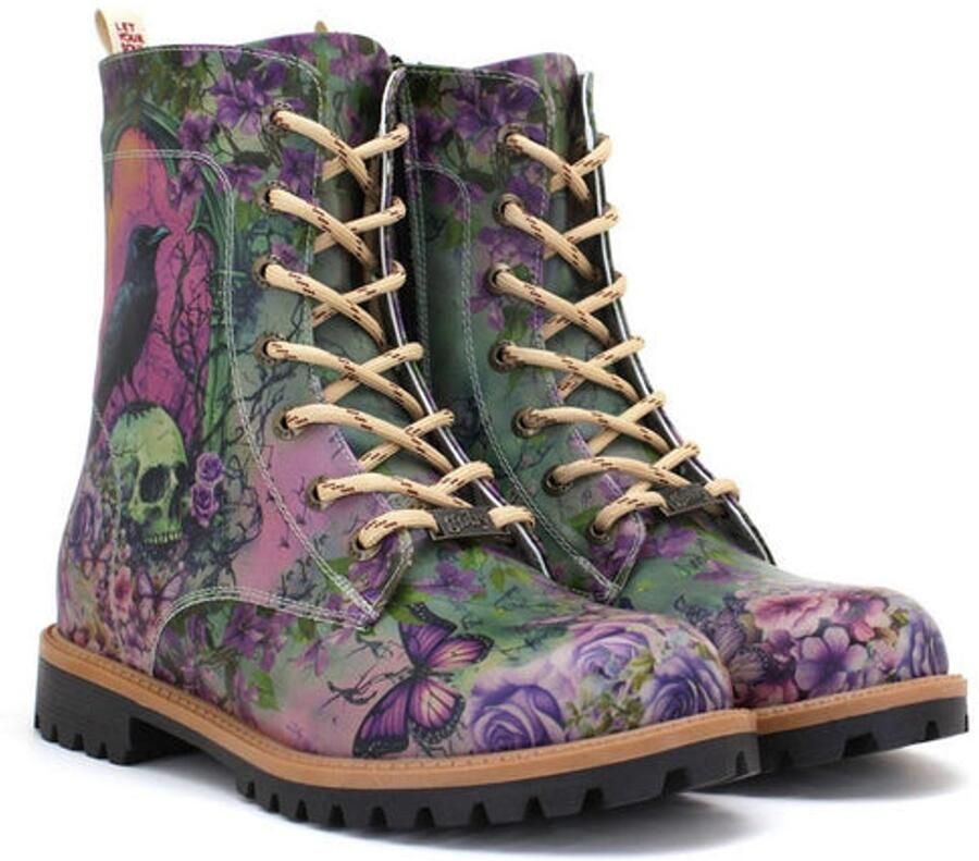 GOBY Dames Veterboots Damesboots Schedel & Paarse Bloemenprint Rits- en Vetersluiting Handgemaakt Vegan Leer