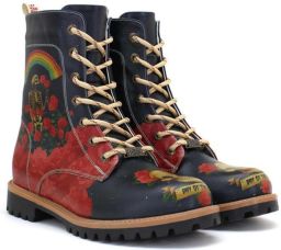 GOBY Dames Veterboots Damesboots Schedel & Rode Rozenprint Rits- en Vetersluiting Handgemaakt Vegan Leer