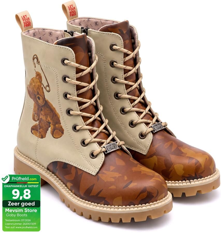 GOBY Dames Veterboots Damesboots Teddy Bear Print Vegan Leer Handgemaakt