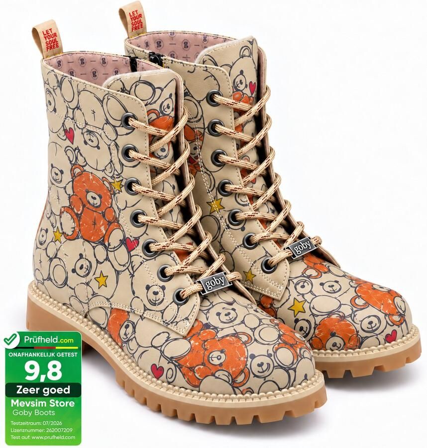 GOBY Dames Veterboots Damesboots Teddyberenprint Rits- en Vetersluiting Handgemaakt Vegan Leer Damesboots
