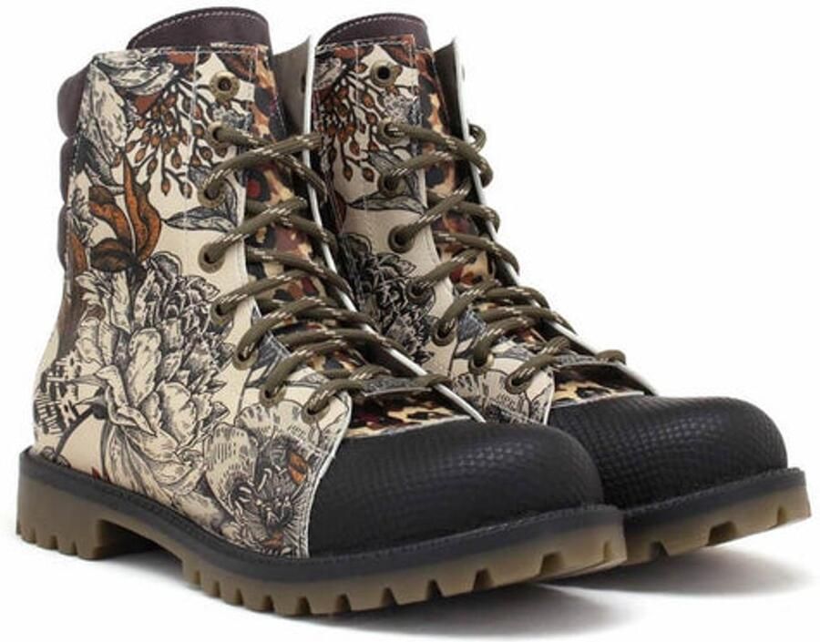 GOBY Dames Veterboots Damesboots Vintage Bloemenillustratie Vetersluiting Handgemaakt Vegan Leer