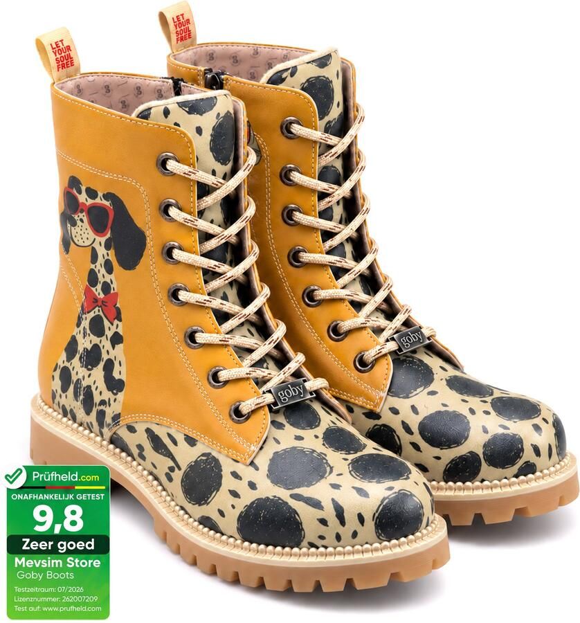 GOBY Dames Veterboots Damesboots Zwarte Stippenprint Rits- en Vetersluiting Handgemaakt Vegan Leer