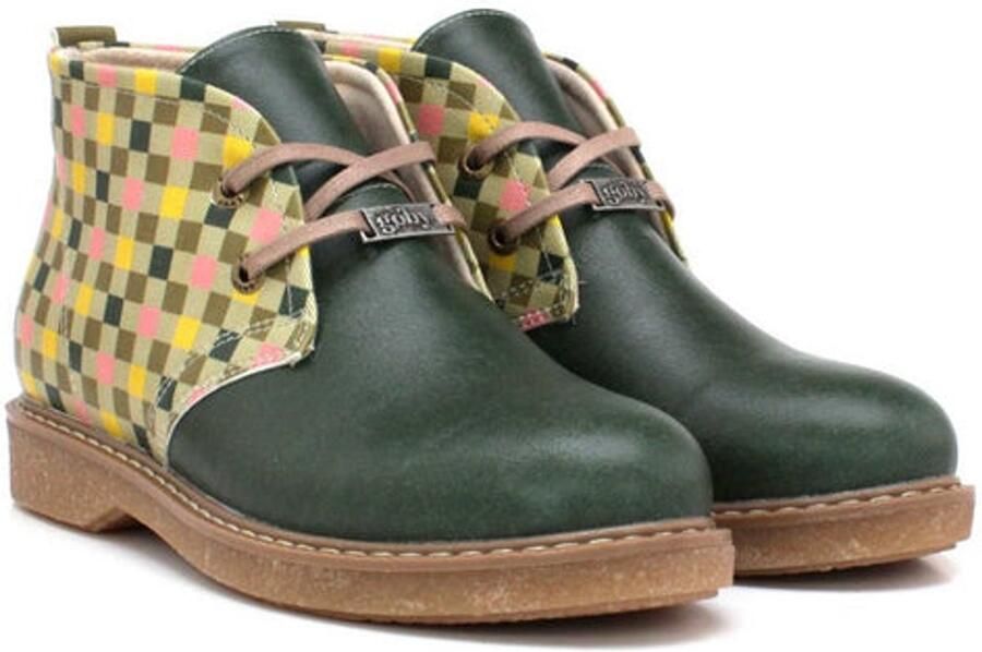 GOBY Dames Veterboots Groene Vintage Print Handgemaakt Vegan Leer Comfortabele Damesboots