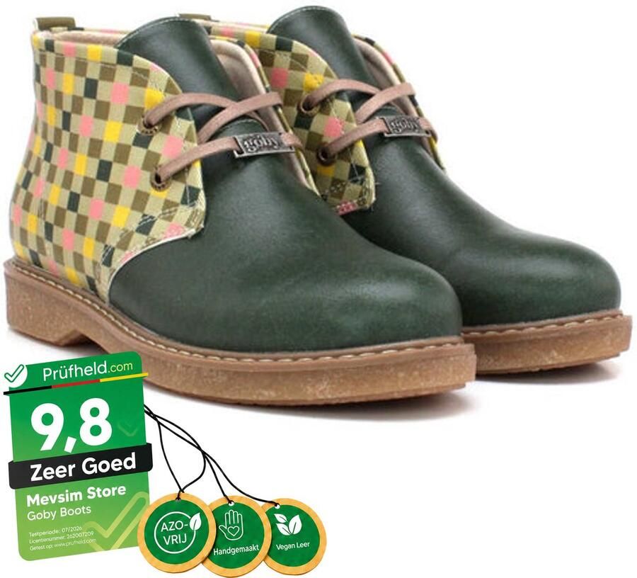 GOBY Dames Veterboots Groene Vintage Print Handgemaakt Vegan Leer Comfortabele Damesboots - Foto 2