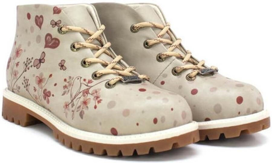 GOBY Dames Veterboots Hartjes en Bloemenprint Handgemaakt Vegan Leer Comfortabele Damesboots