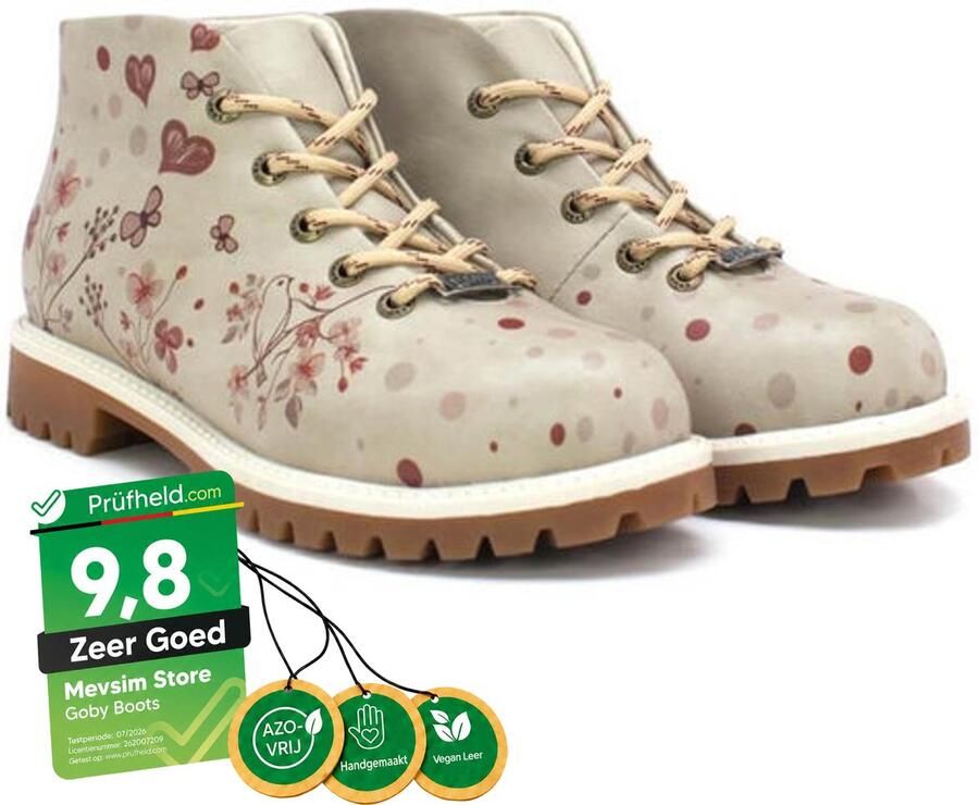 GOBY Dames Veterboots Hartjes en Bloemenprint Handgemaakt Vegan Leer Comfortabele Damesboots - Foto 2