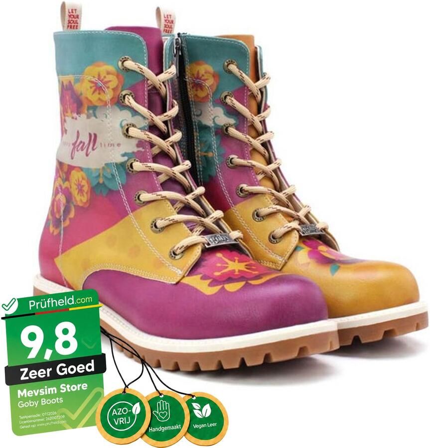 GOBY Dames Veterboots Herfstbloemen Illustratie Handgemaakt Premium Kwaliteit - Foto 2