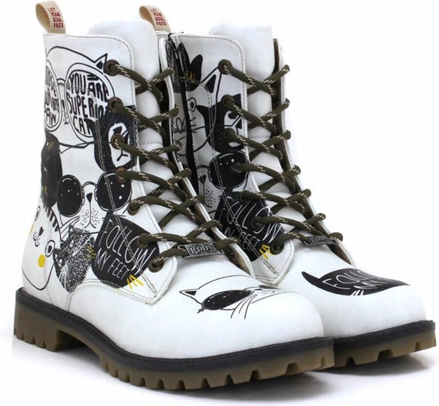 GOBY Dames Veterboots Kat Illustratie Print Handgemaakt Vegan Leer Comfortabele Damesboots