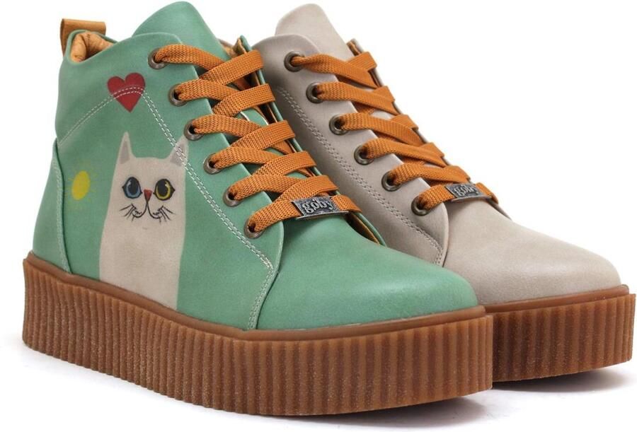 GOBY Dames Veterboots Kattenprint Handgemaakt Premium Kwaliteit