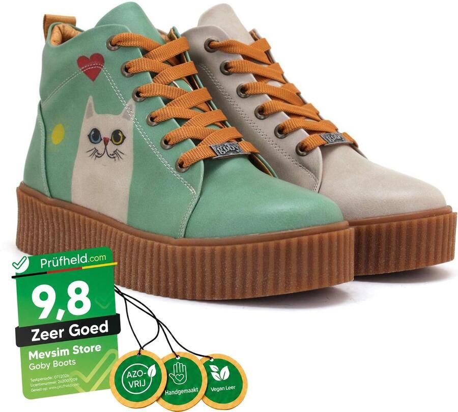 GOBY Dames Veterboots Kattenprint Handgemaakt Premium Kwaliteit - Foto 2