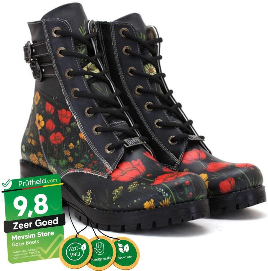 GOBY Dames Veterboots Klaprozen Print Handgemaakt Vegan Leer Comfortabele Damesboots