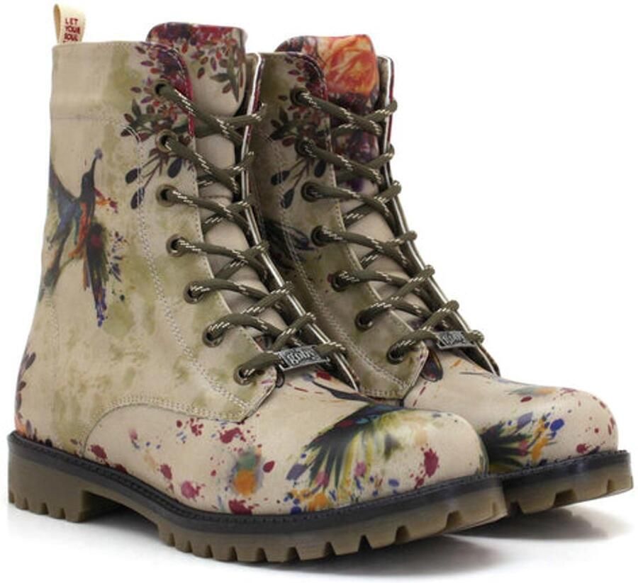 GOBY Dames Veterboots Kolibrie en Bloemen Print Handgemaakt Vegan Leer Comfortabele Damesboots