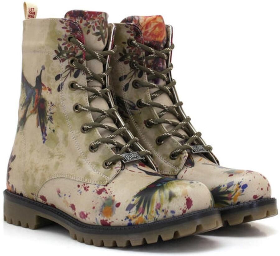 GOBY Dames Veterboots Kolibrie en Bloemen Print Handgemaakt Vegan Leer Comfortabele Damesboots