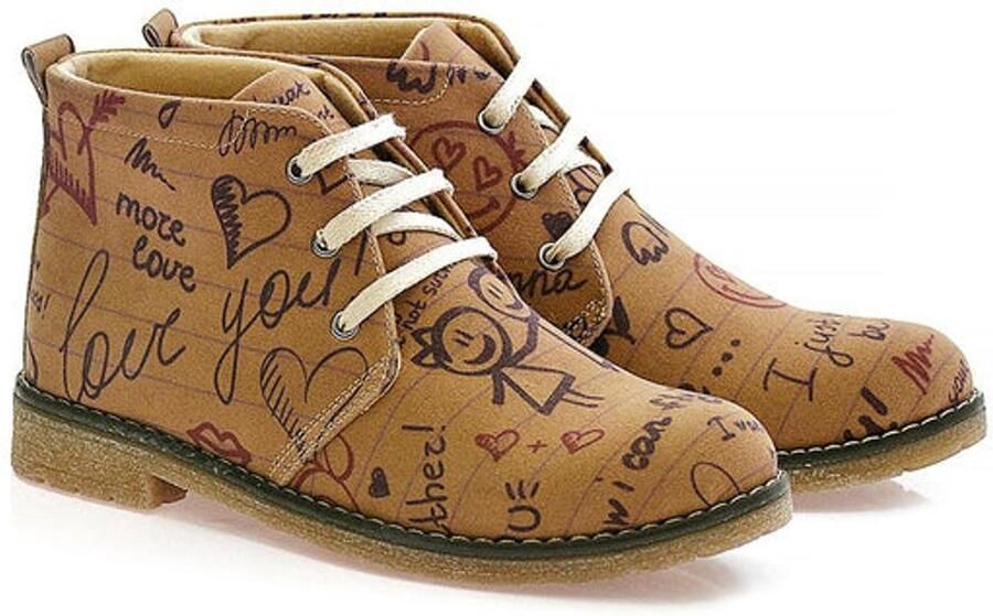GOBY Dames Veterboots Love Tekst Print Handgemaakt Vegan Leer Comfortabele Damesboots