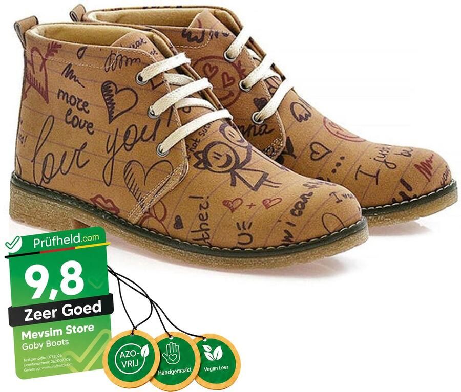 GOBY Dames Veterboots Love Tekst Print Handgemaakt Vegan Leer Comfortabele Damesboots - Foto 2