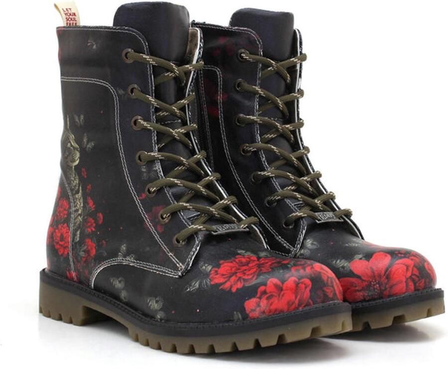 GOBY Dames Veterboots Rode Bloemenprint Handgemaakt Vegan Leer Comfortabele Damesboots