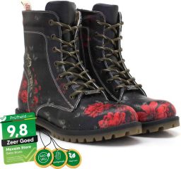 GOBY Dames Veterboots Damesboots Rode Rozenprint Rits- en Vetersluiting Handgemaakt Vegan Leer