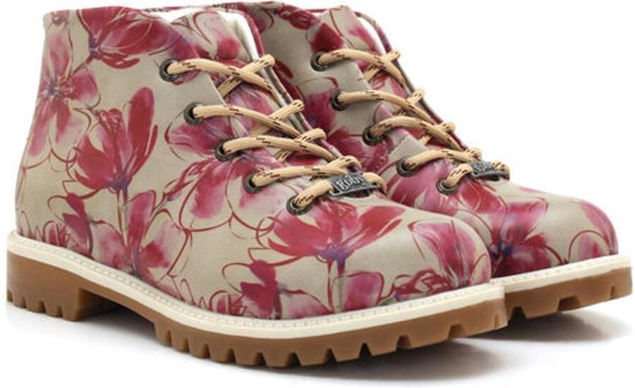 GOBY Dames Veterboots Roze Bloemenprint Handgemaakt Vegan Leer Comfortabele Damesboots