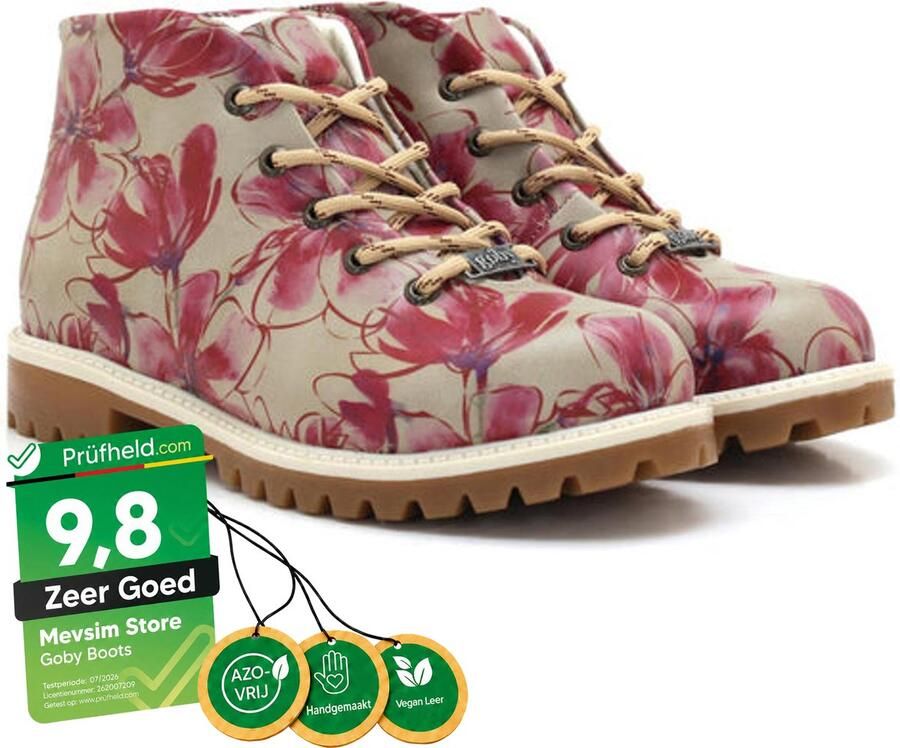 GOBY Dames Veterboots Roze Bloemenprint Handgemaakt Vegan Leer Comfortabele Damesboots