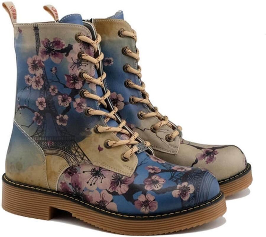 GOBY Dames Veterboots Sakura Bloesem Print Handgemaakt Vegan Leer Comfortabele Damesboots
