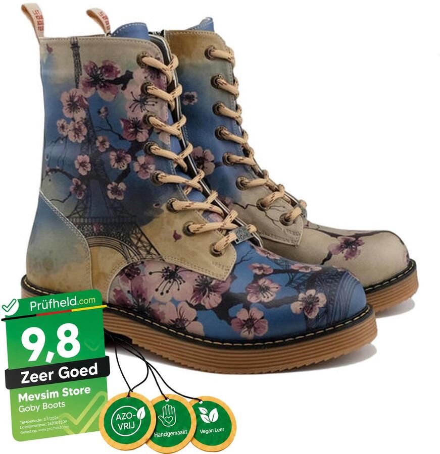 GOBY Dames Veterboots Sakura Bloesem Print Handgemaakt Vegan Leer Comfortabele Damesboots