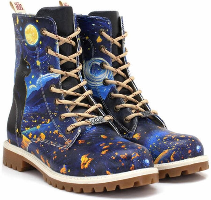 GOBY Dames Veterboots Sterrennacht Print Handgemaakt Vegan Leer Comfortabele Damesboots