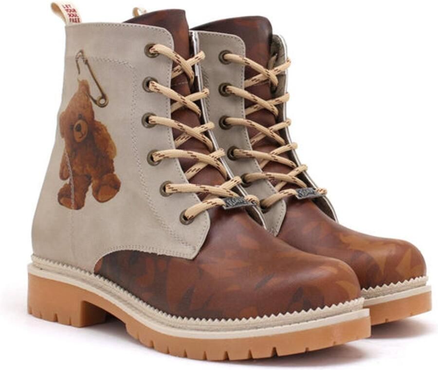 GOBY Dames Veterboots Teddy Bear Print Vegan Leer Handgemaakt