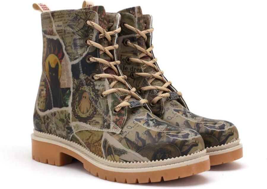 GOBY Dames Veterboots Vintage Collage Print Vegan Leer Handgemaakt