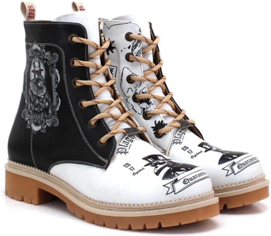 GOBY Dames Veterboots Vintage Dokter Print Handgemaakt Vegan Leer Comfortabele Damesboots
