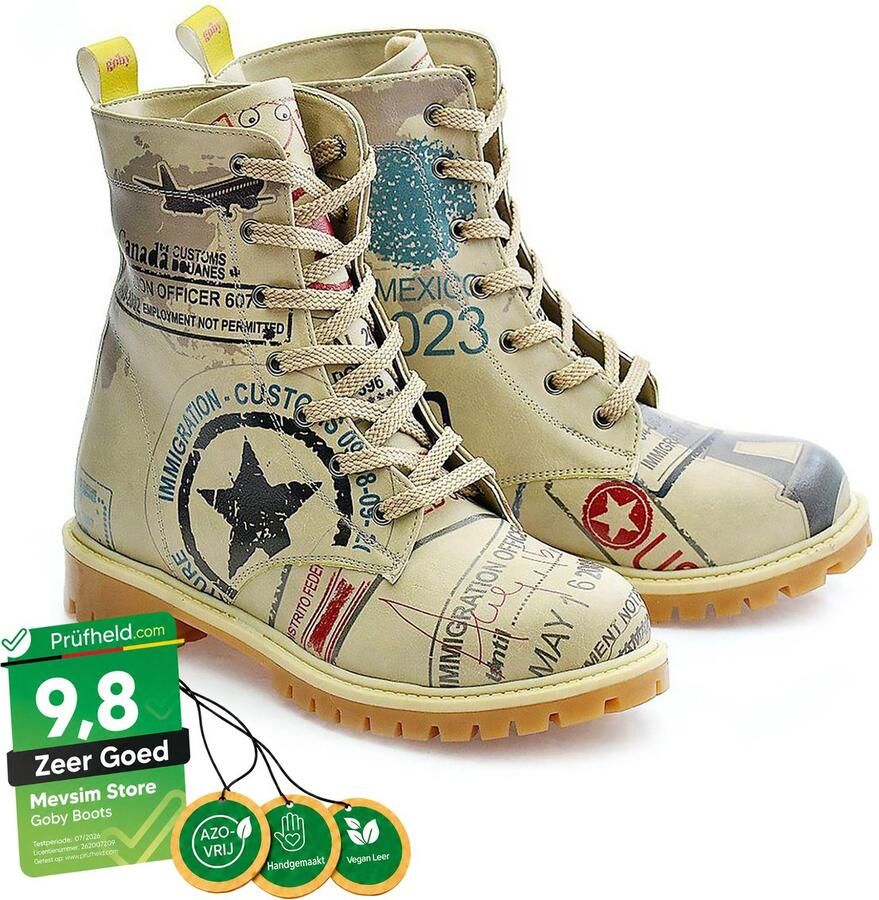 GOBY Dames Veterboots Wanderlust Passport Handgemaakt Vegan Leer - Foto 2