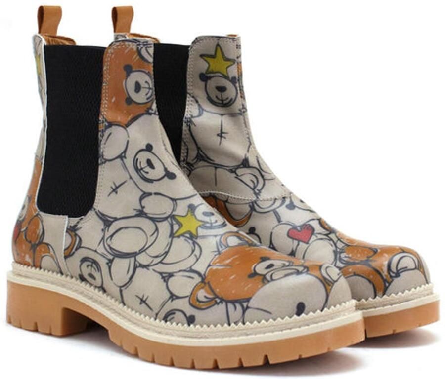 GOBY Dameslaarzen Teddy Beer Print Chelsea Boots Handgemaakt Vegan Leer Comfortabele Damesboots